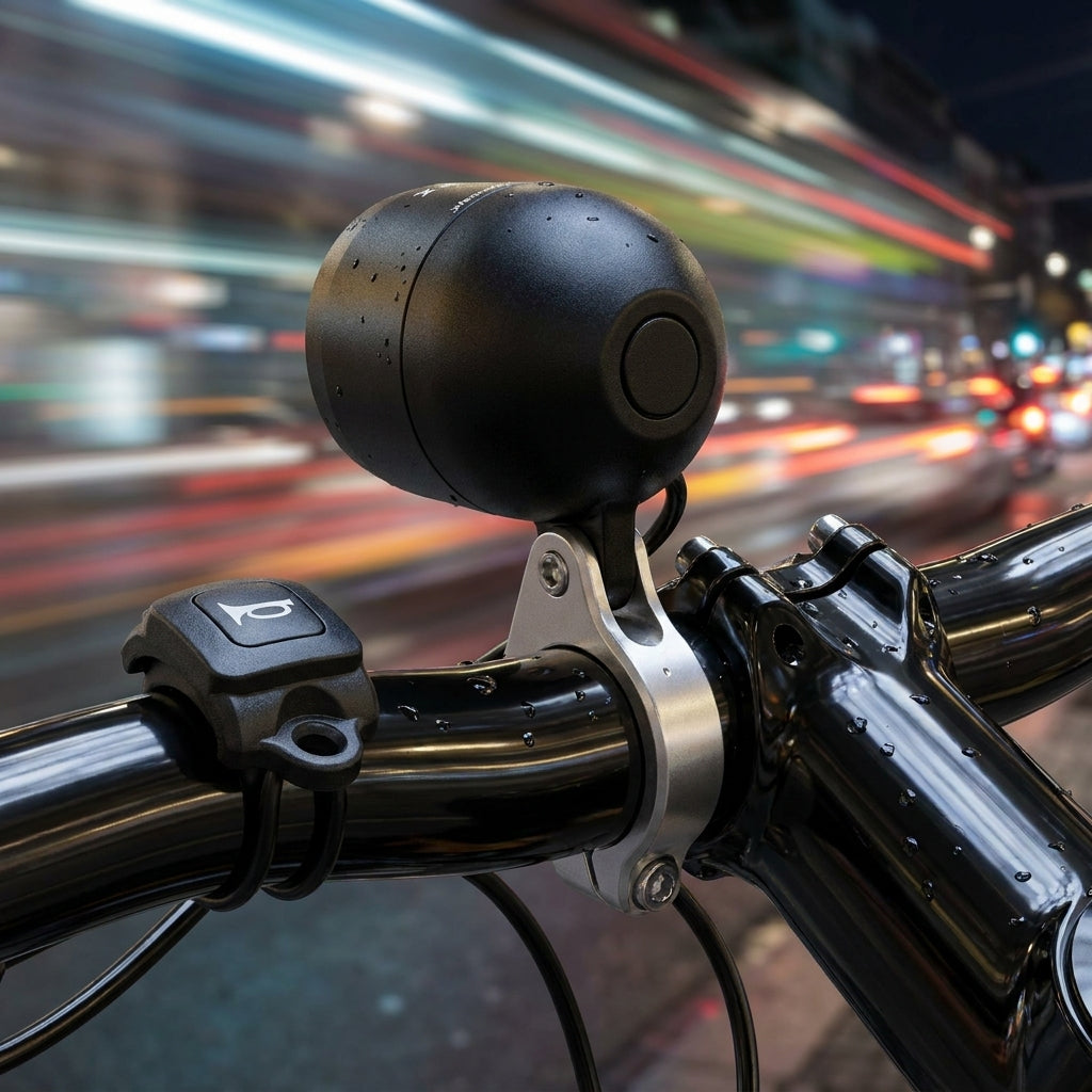 Busch + Müller Bumm Hupe schwarz für schnelle E-Bikes, am Lenker mit separatem Knopf und Wassertropfen.