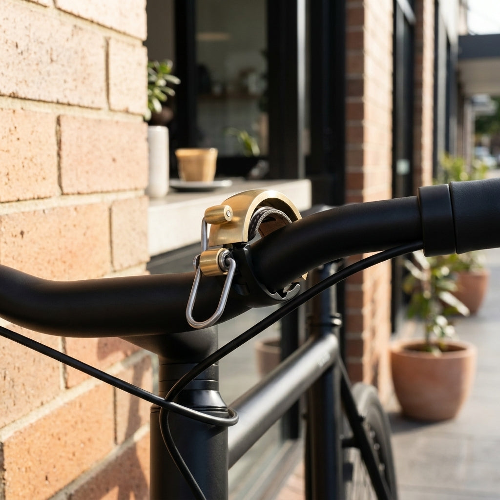 Knog Oi Luxe Messing Fahrradklingel 22.2mm an schwarzem Lenker, Fahrrad vor Café.