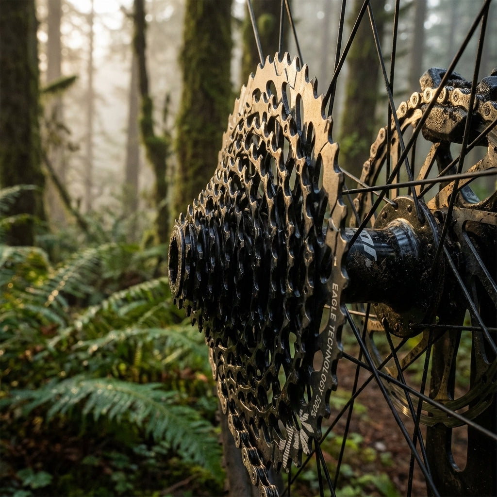 SRAM Kassette XG-1275 10-50T am Fahrrad-Hinterrad in einem nebligen Wald.
