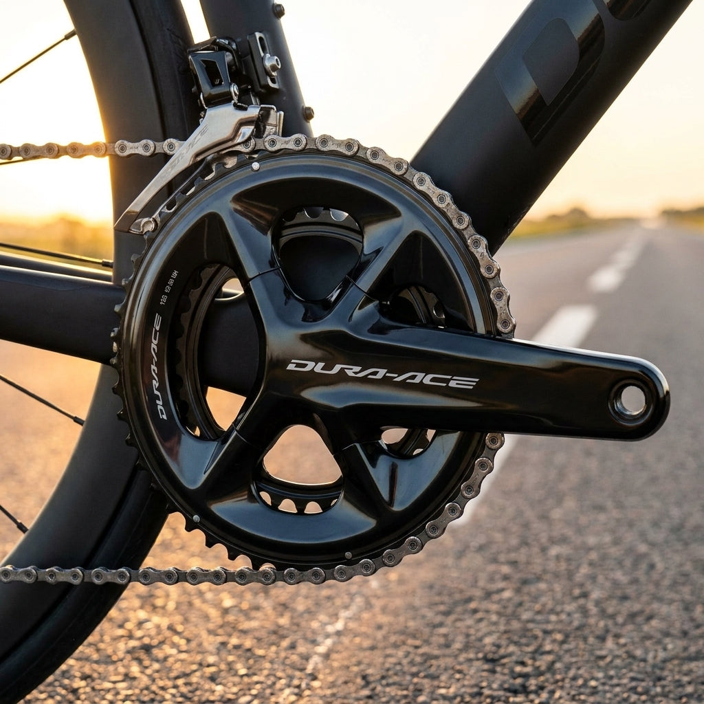 SHIMANO DURA-ACE FC-R9200 Kurbelgarnitur (54-40Z) am Rennrad auf Straße bei Sonnenuntergang.