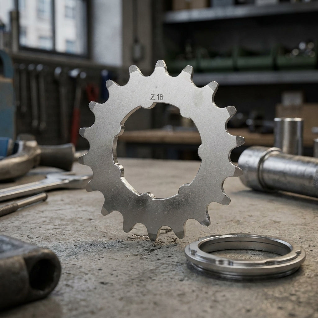 XLC Fahrrad Single Speed Ritzel Z18, matt verchromt, mit Lockring auf Werkbank.