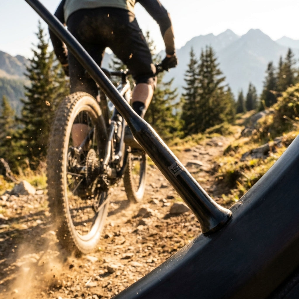 DT Swiss Alpine III E-Bike-Speiche schwarz, extrem robust, am Mountainbike auf sonnigem Bergpfad.