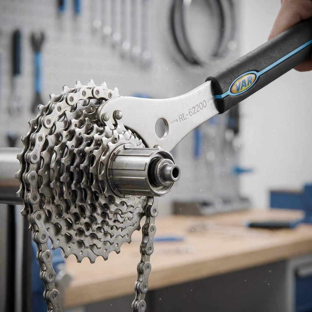 VAR Kettenpeitsche RL-62200-C entfernt 5-11-fach Kassette. Robustes Stahlwerkzeug mit ergonomischem Griff in Fahrradwerkstatt