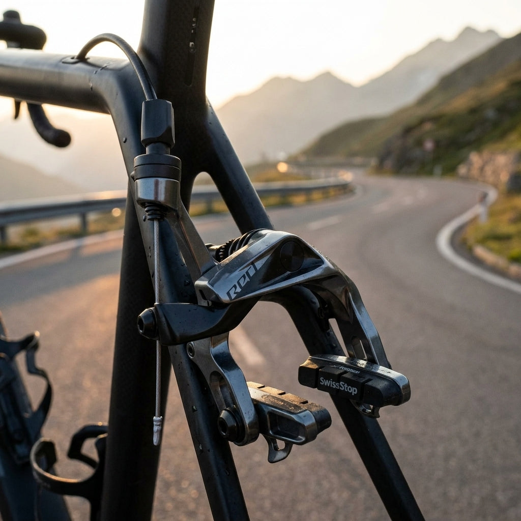 SRAM RED AXS Rennrad-Felgenbremse hinten mit Aero Link und SwissStop Carbon-Belägen für maximale Performance.