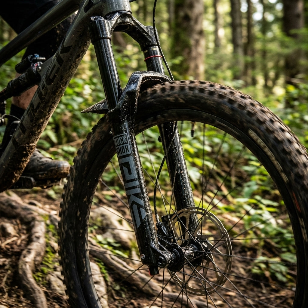 Schwarze RockShox Pike Select Federgabel am Mountainbike auf matschigem Trail im Wald.