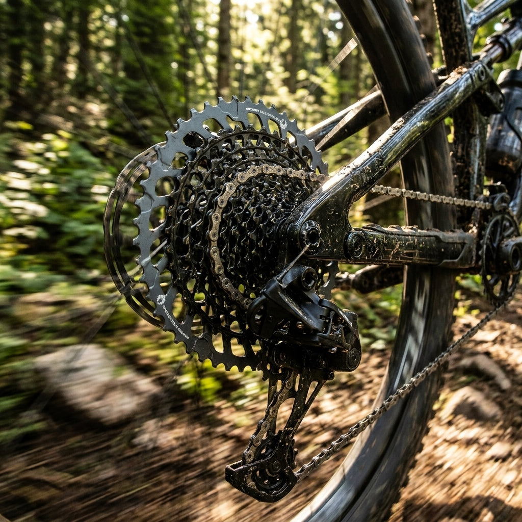 Schwarze SRAM XG-1295 X-Glide 10-52 Kassette an einem schlammigen Mountainbike auf Trails.