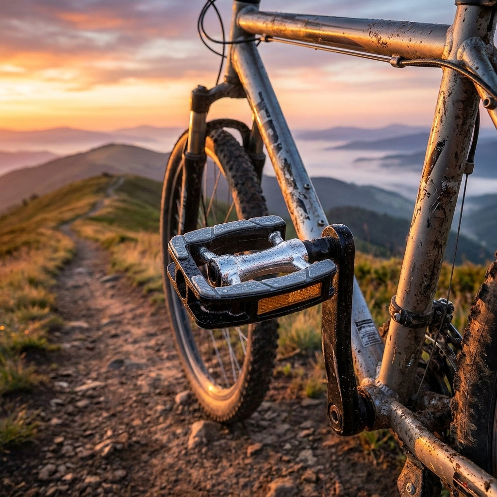 UNION Pedale Tour/Trekking Aluminium 9/16 Zoll silber am Mountainbike auf Bergpfad bei Sonnenaufgang.