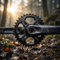 SHIMANO DEORE Kettenblatt FC-M590/591 für präzisen MTB-Antrieb, im nassen Wald mit Sonnenstrahlen.
