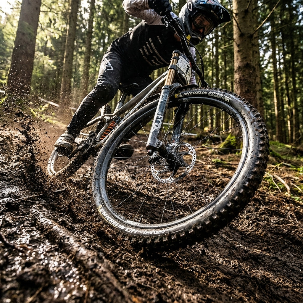 Michelin DH 16 29x2.40" Reifen am Mountainbike im Schlammwald. Biker zeigt Grip und Performance auf nassem Untergrund.
