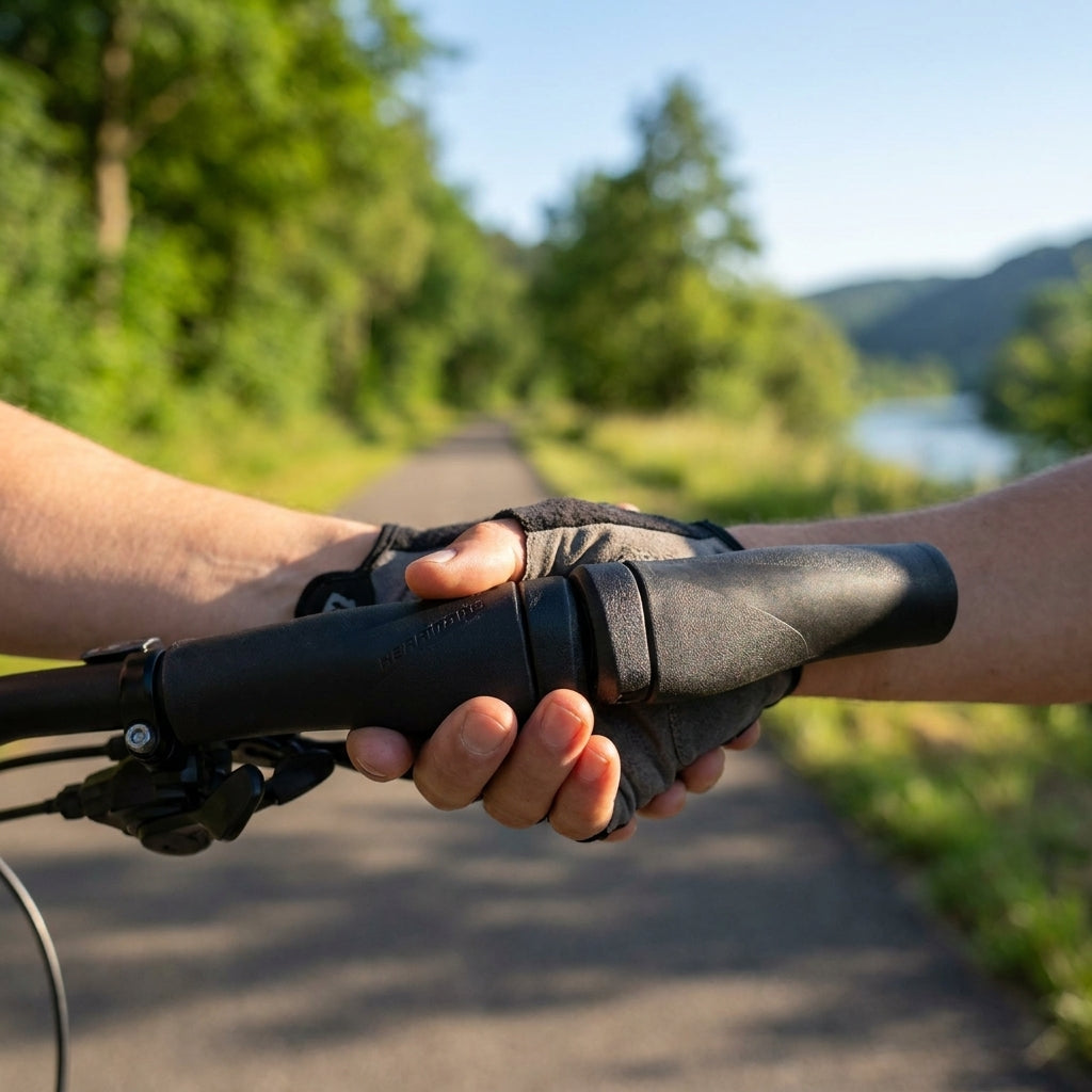 Schwarze Herrmans Clik Fahrrad Lenkergriffe 123mm Ø 22mm in Radfahrerhand auf Radweg.