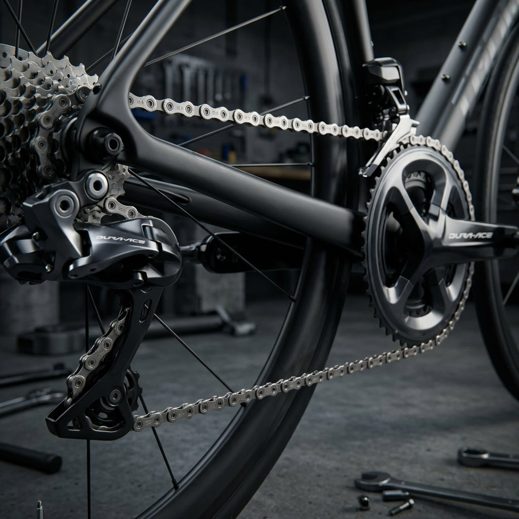 Shimano CN-HG901 11-fach Kette auf schwarzem Rennrad-Antrieb. Leise, langlebig & effizient für präzise Schaltvorgänge.
