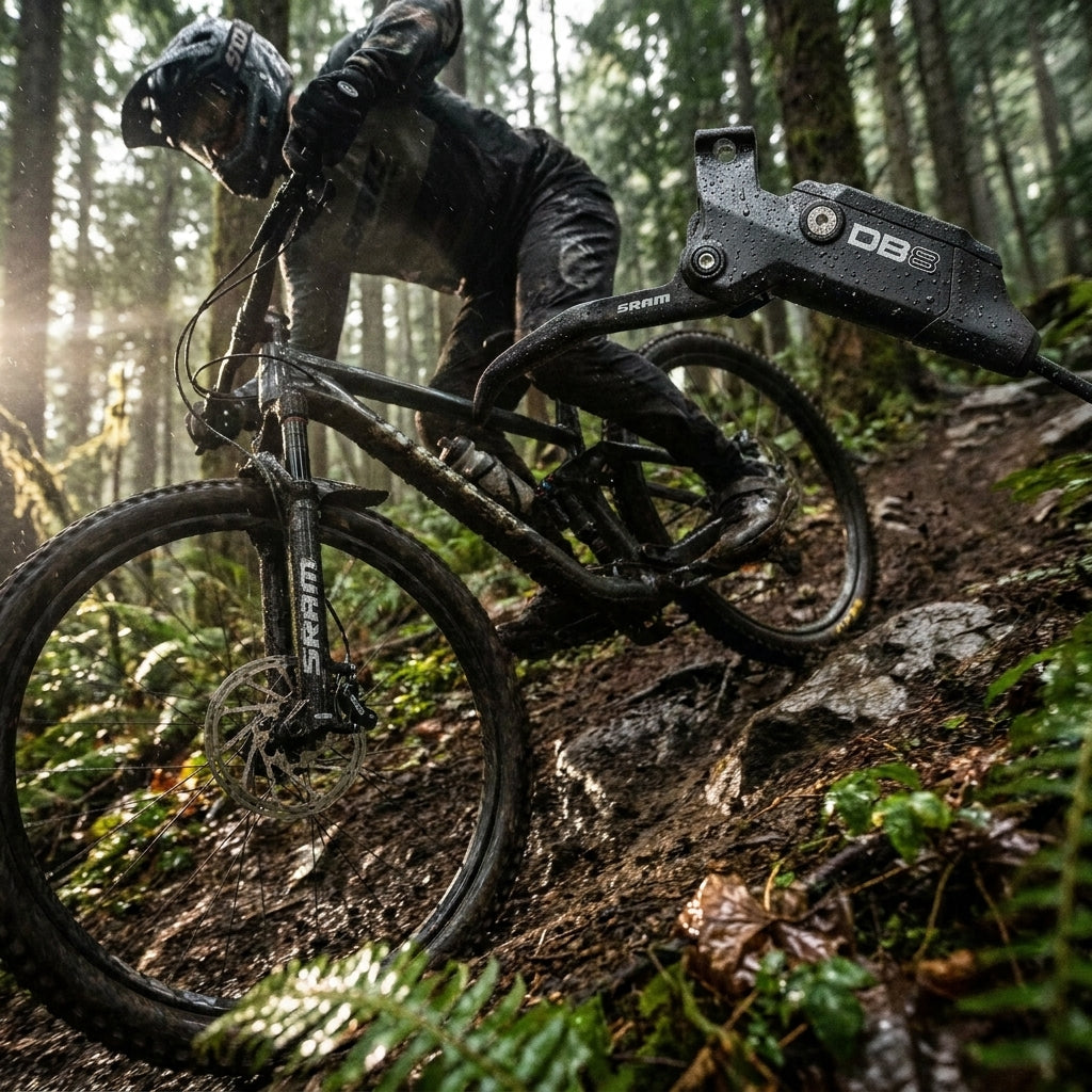SRAM DB8 4-Kolben-Mineralölbremse am Mountainbike im Regen auf schlammigem Waldweg.