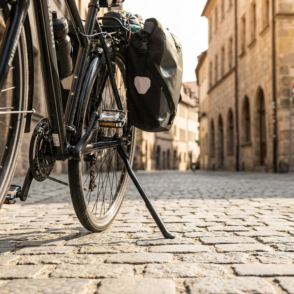 Pletscher Comp 40 Hinterbauständer schwarz am 28 Zoll Fahrrad auf Kopfsteinpflaster.