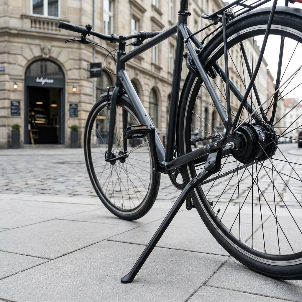 Esge Pletscher Seitenständer 28 Zoll schwarz, robustes Aluminium für sicheren Fahrradstand bis 25 kg. Ideal für jedes 28-Zoll-Fahrrad.