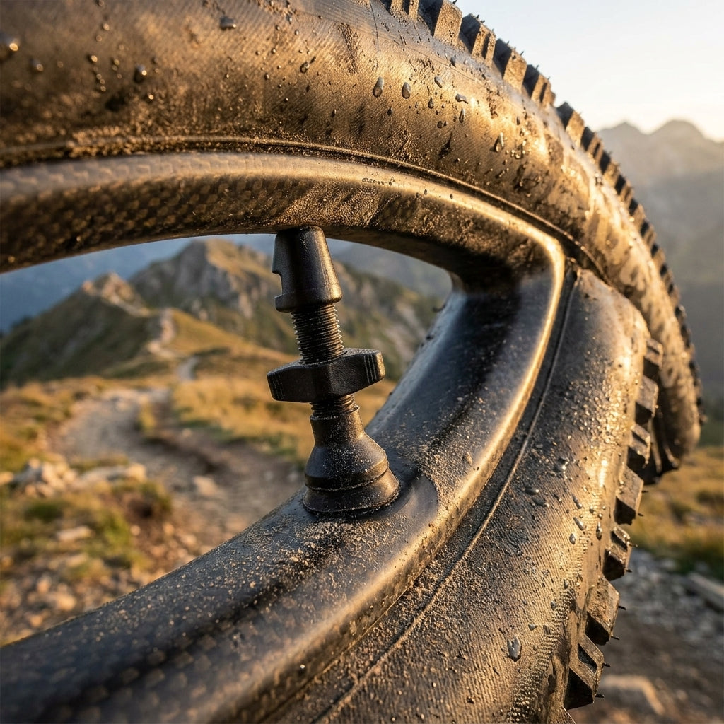 DT Swiss Tubeless-Ventil Alu schwarz 26-35 mm am nassen Mountainbike-Reifen im Gebirge. Perfekter Luftabschluss.
