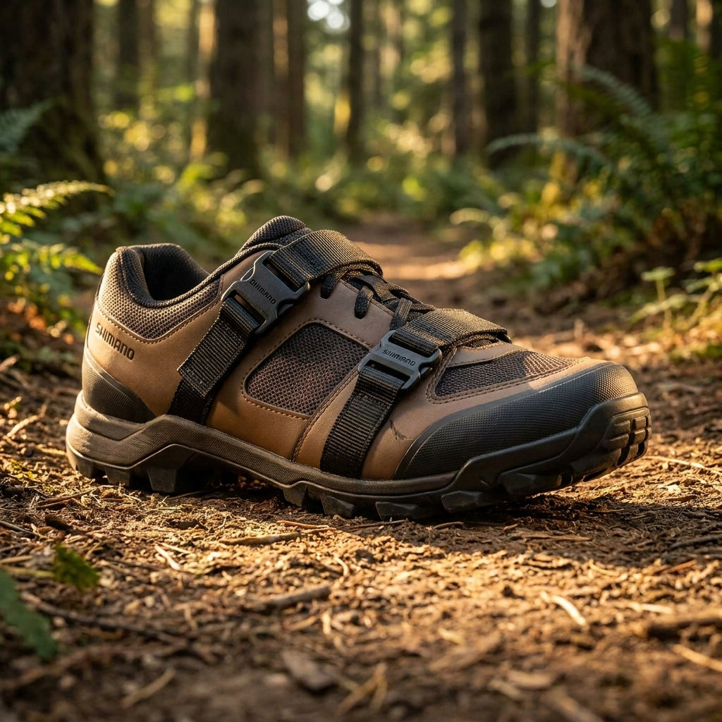 SHIMANO SH-XM900 Mountainbike-Schuh braun/schwarz mit Mini-Power-Straps auf Waldweg.