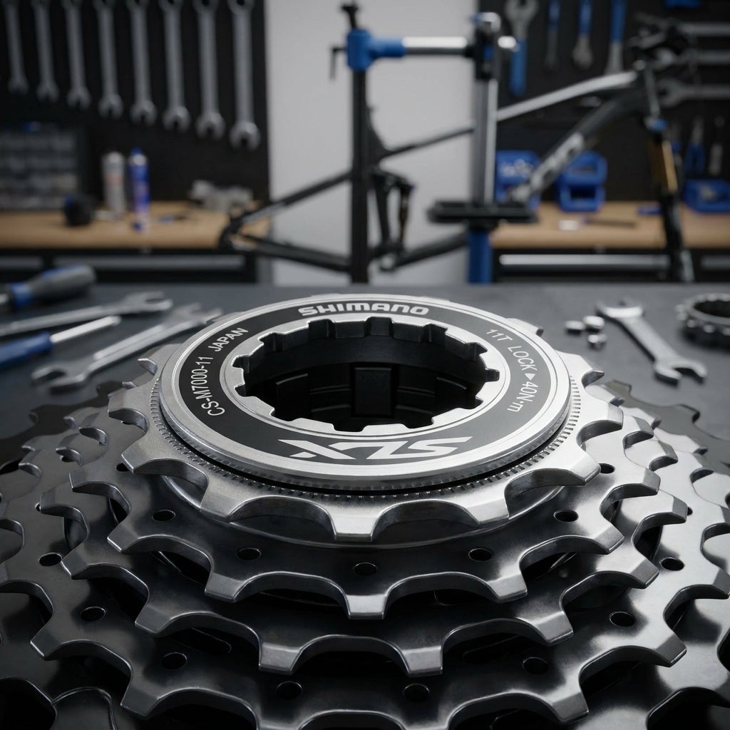SHIMANO CS-M4100 Verschlussring für Fahrradkassette, Nahaufnahme in Werkstatt.