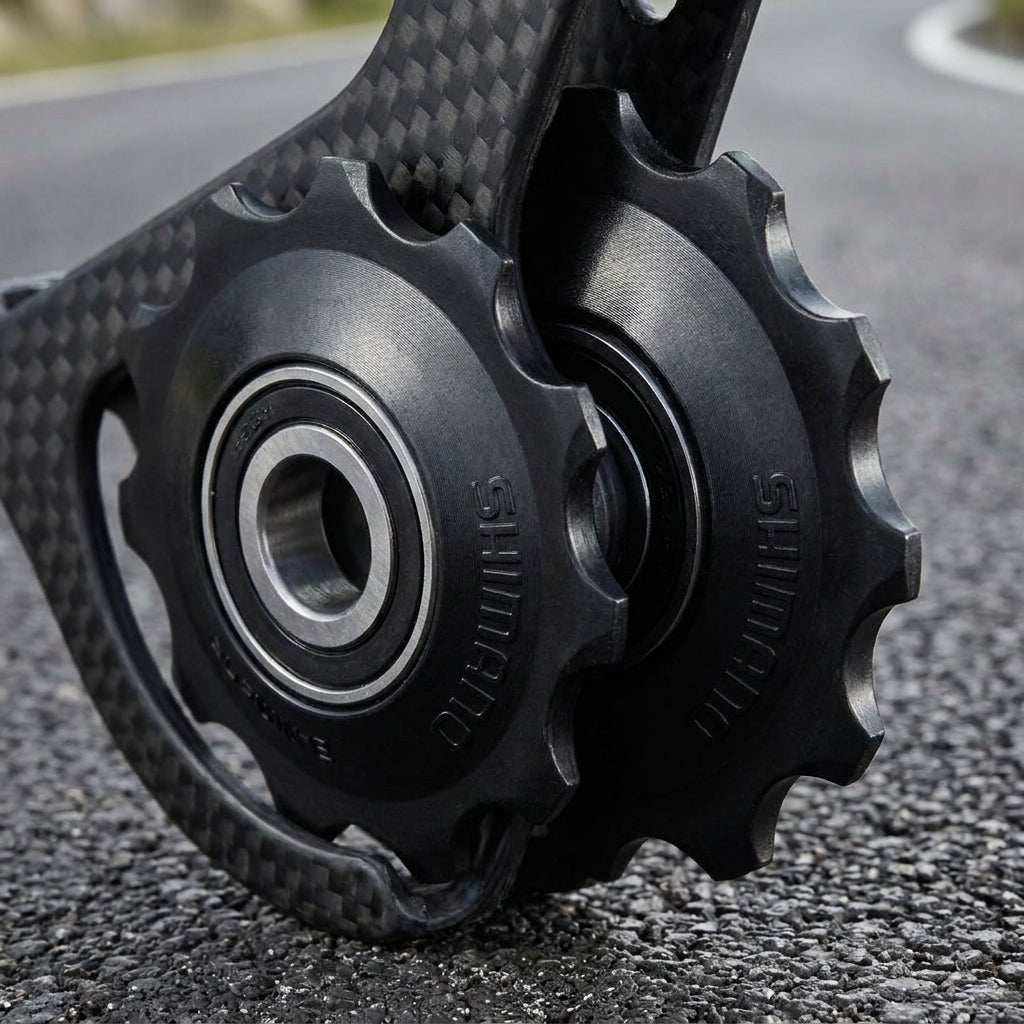 SHIMANO Schaltrollensatz 105 5800: Schwarze Röllchen in Carbon-Käfig auf Asphalt.