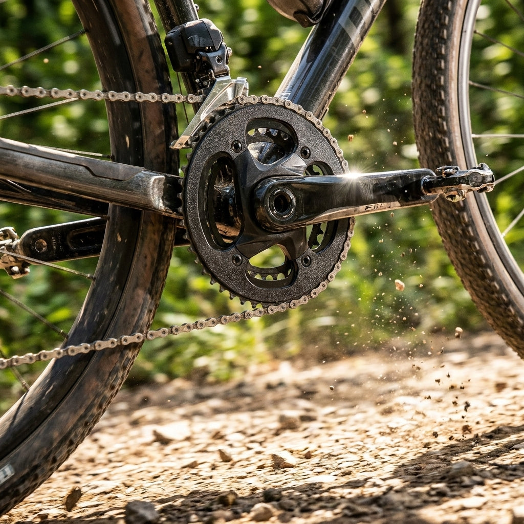 SRAM Jam Guard Force Wide 43/30T Kettenschutz an Gravelbike Kurbel in Aktion auf Schotterweg.