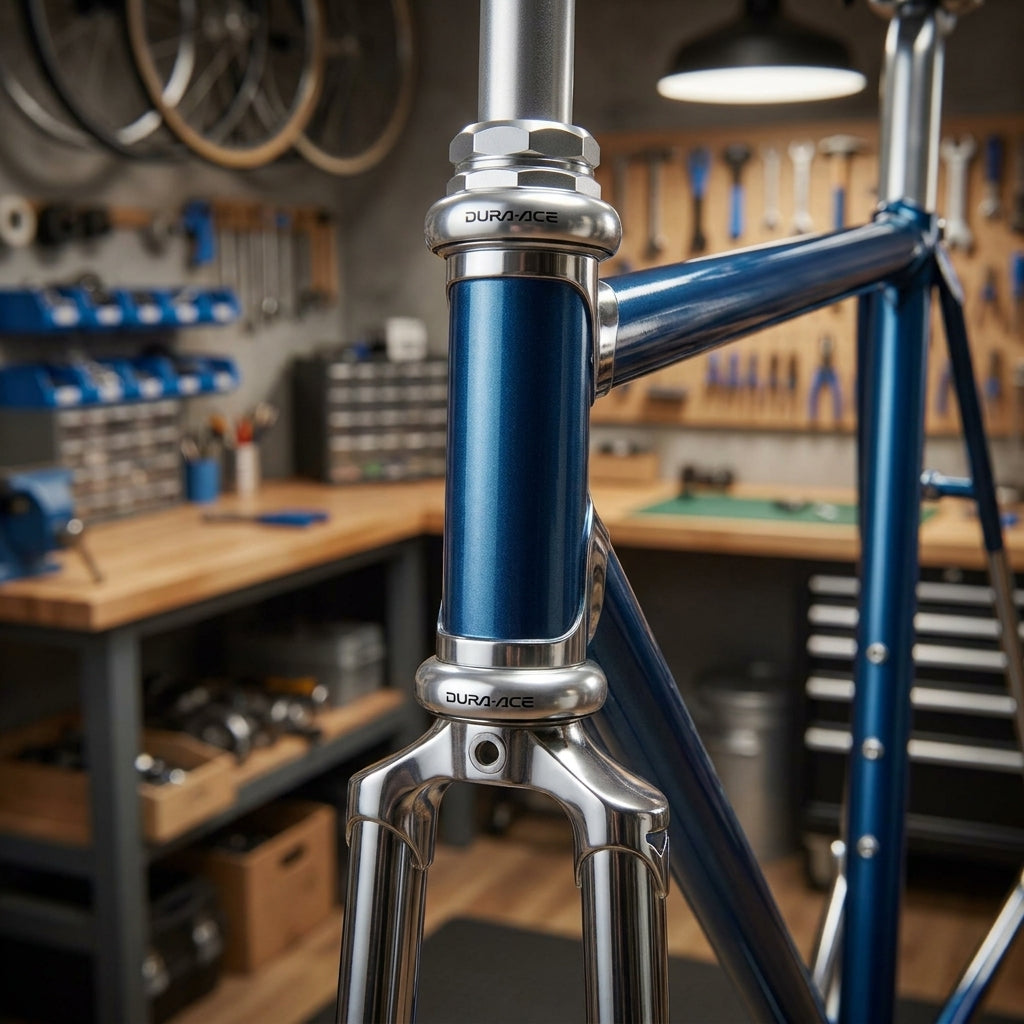 Detailaufnahme eines Shimano Dura Ace HP-7400 Steuersatzes in Silber an einem blauen Rennradrahmen in einer Werkstatt.