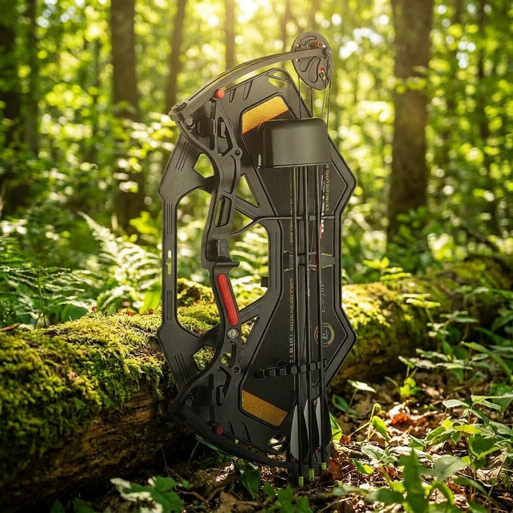 Ek-Archery Compound Jugendbogen Set Buster, schwarz, mit Pfeilen und Köcher, im sonnigen Wald an bemoostem Stamm.