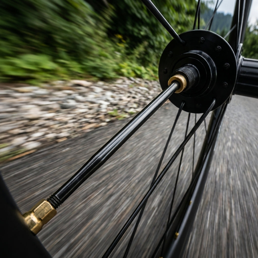 Schwarze, robuste DT Swiss Competition 2.0/1.8 Leichtbau-Speiche am Fahrradrad in schneller Fahrt.