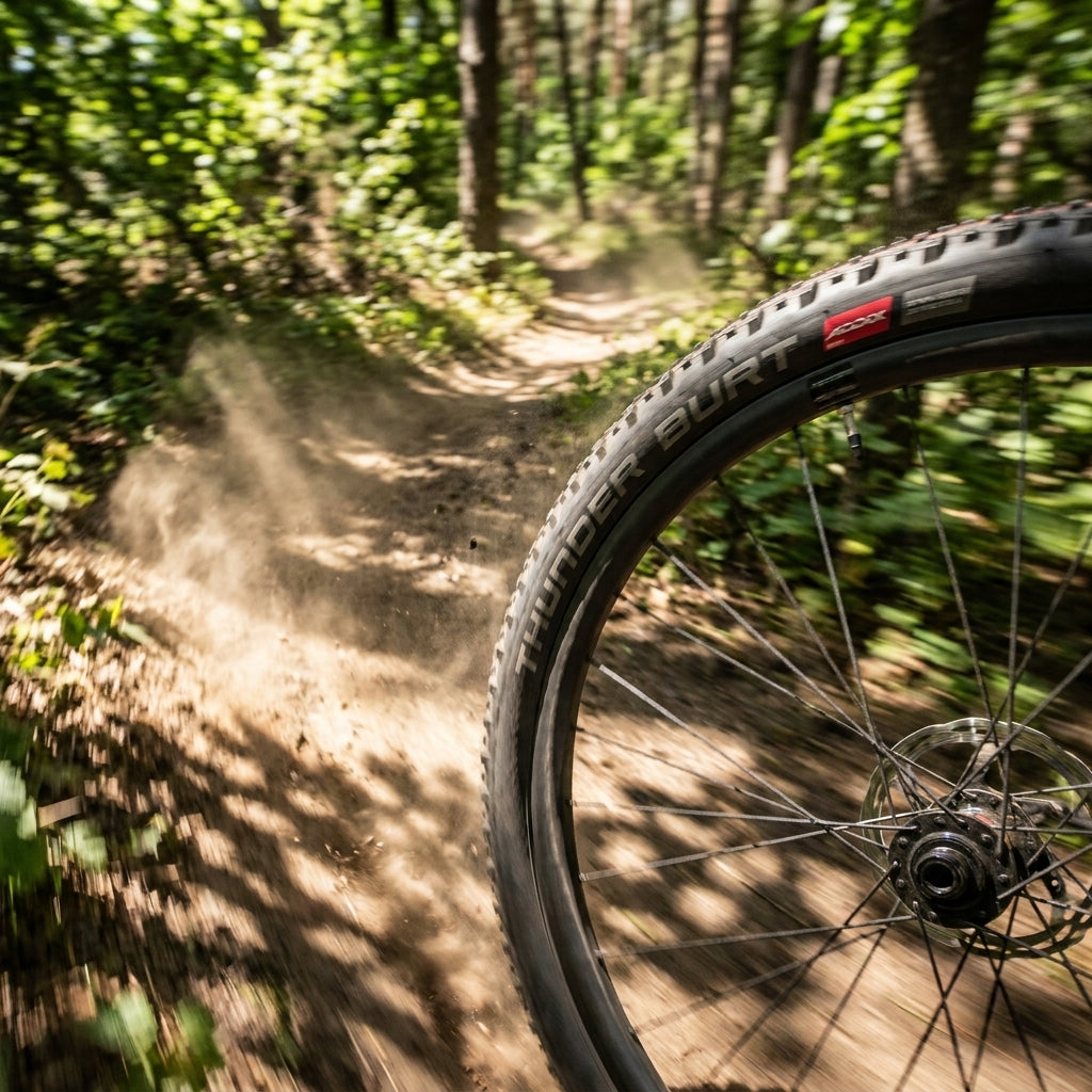 Schwalbe Thunder Burt 29x2.10" Reifen am Mountainbike auf staubigem Waldweg, Staub aufwirbelnd.
