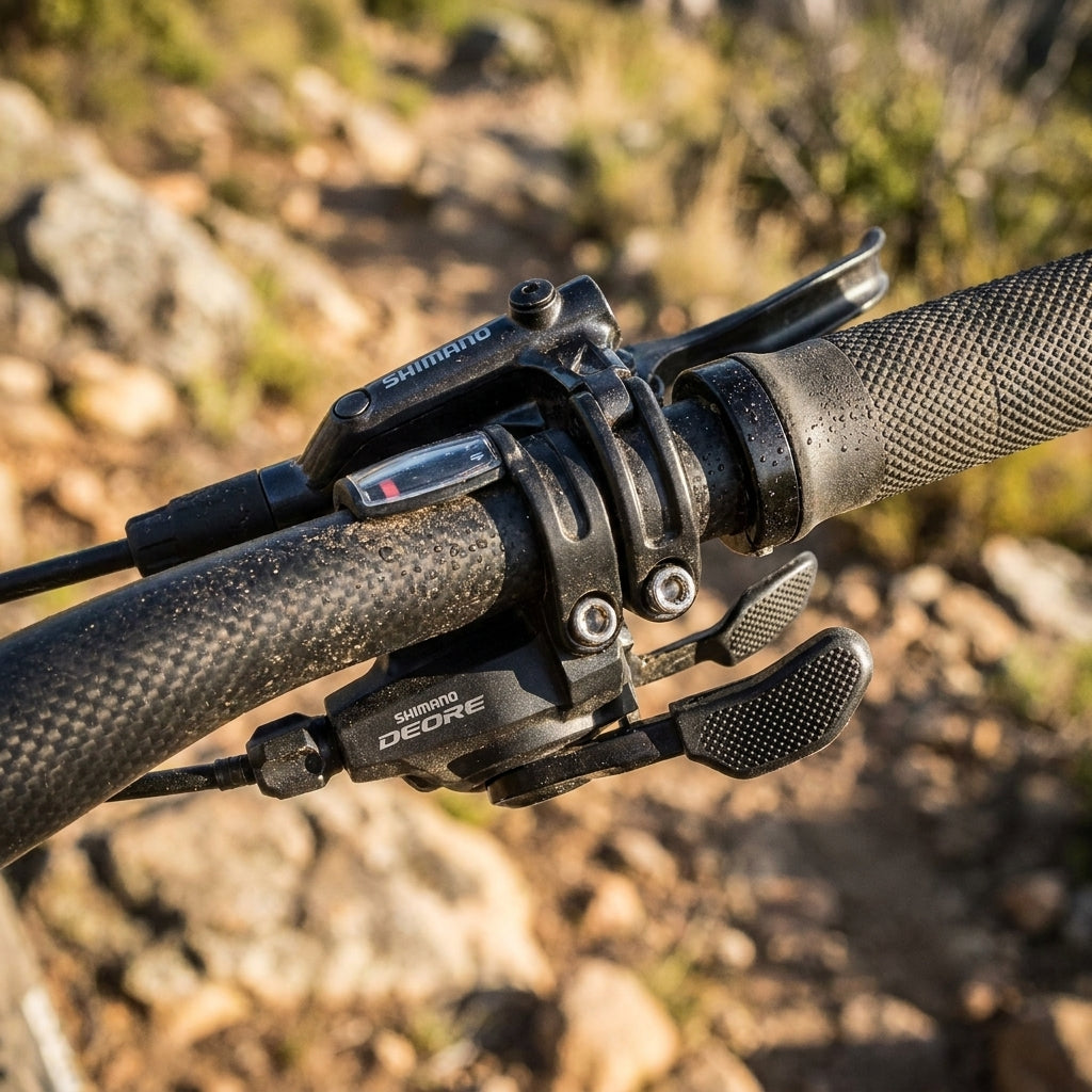 Shimano Deore SL-M6000 linker 2-/3-fach Schalthebel I-Spec II am Carbon-Lenker.