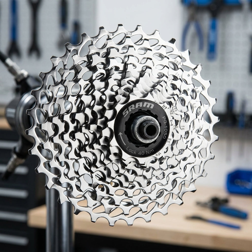 SRAM Kassette PG-1050 11-28T, silber, auf Montageständer in Werkstatt.