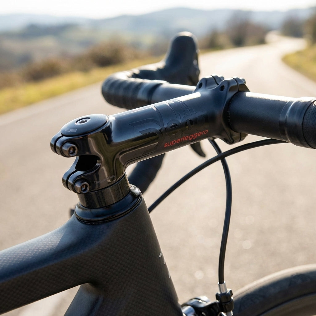 Deda Superleggero Vorbau 120mm, schwarz mit glänzendem Logo am Rennrad.