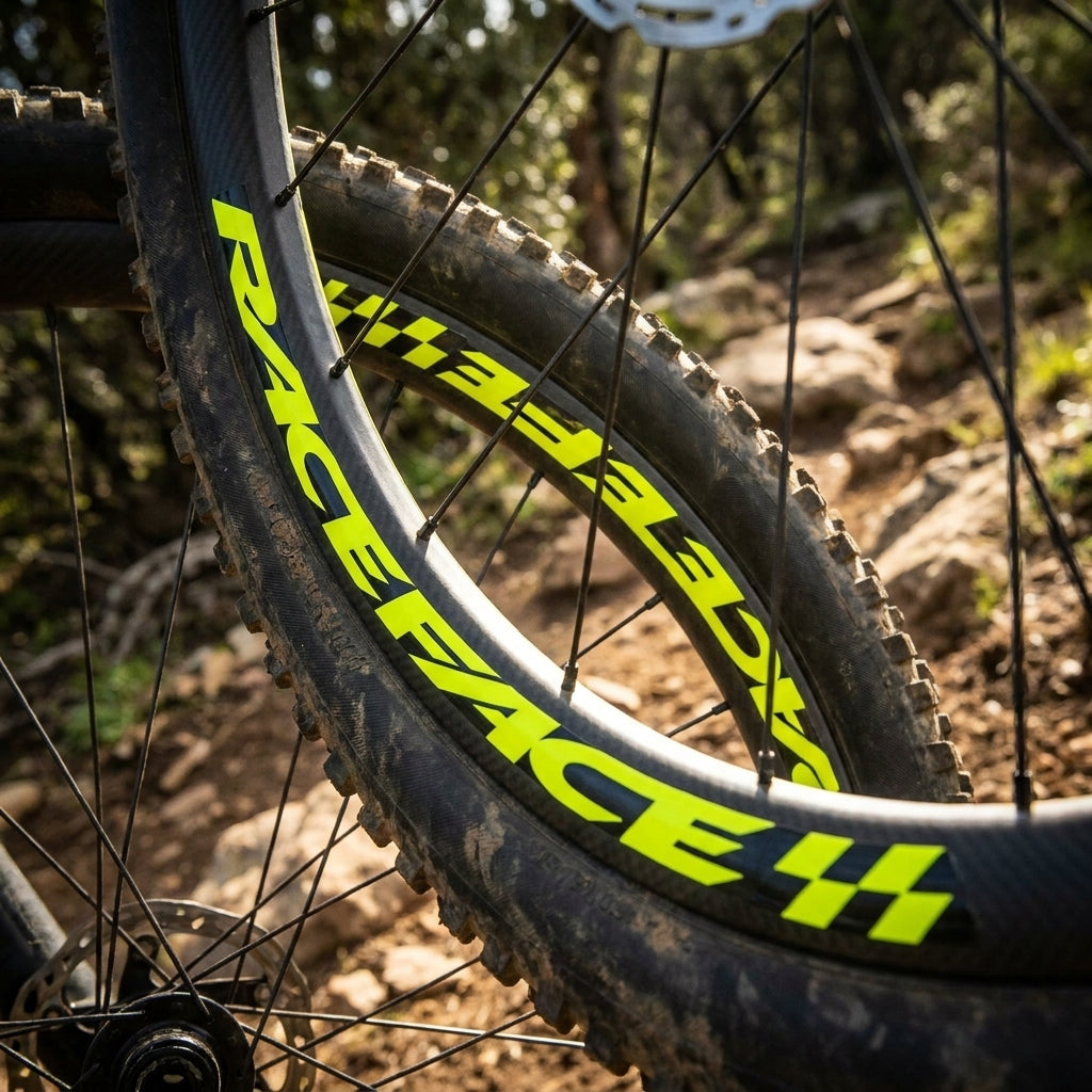 Neon gelbe Race Face Laufrad Decals auf schmutzigen Mountainbike-Felgen im Gelände.