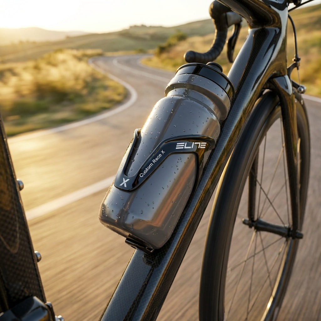 Elite Custom Race X Trinkflaschenhalter schwarz glänzend für Fahrräder. Sicherer Halt und elegantes Design für Rennrad und MTB.