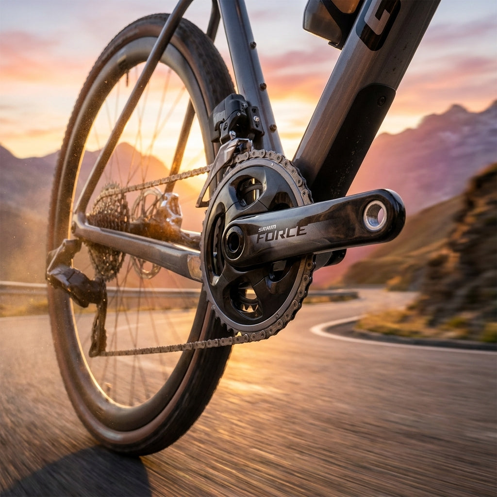 Leichte SRAM Force AXS DUB Carbon-Kurbelarme am Fahrrad auf kurviger Bergstraße im Sonnenuntergang.