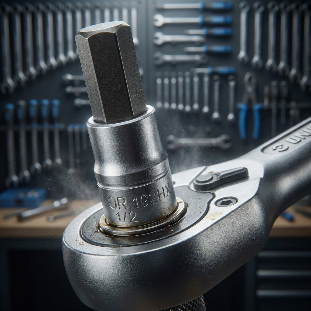 Unior Schraubendrehereinsatz 1/2" 192HX für 8mm Innensechskantschrauben auf Ratsche in Werkstatt.