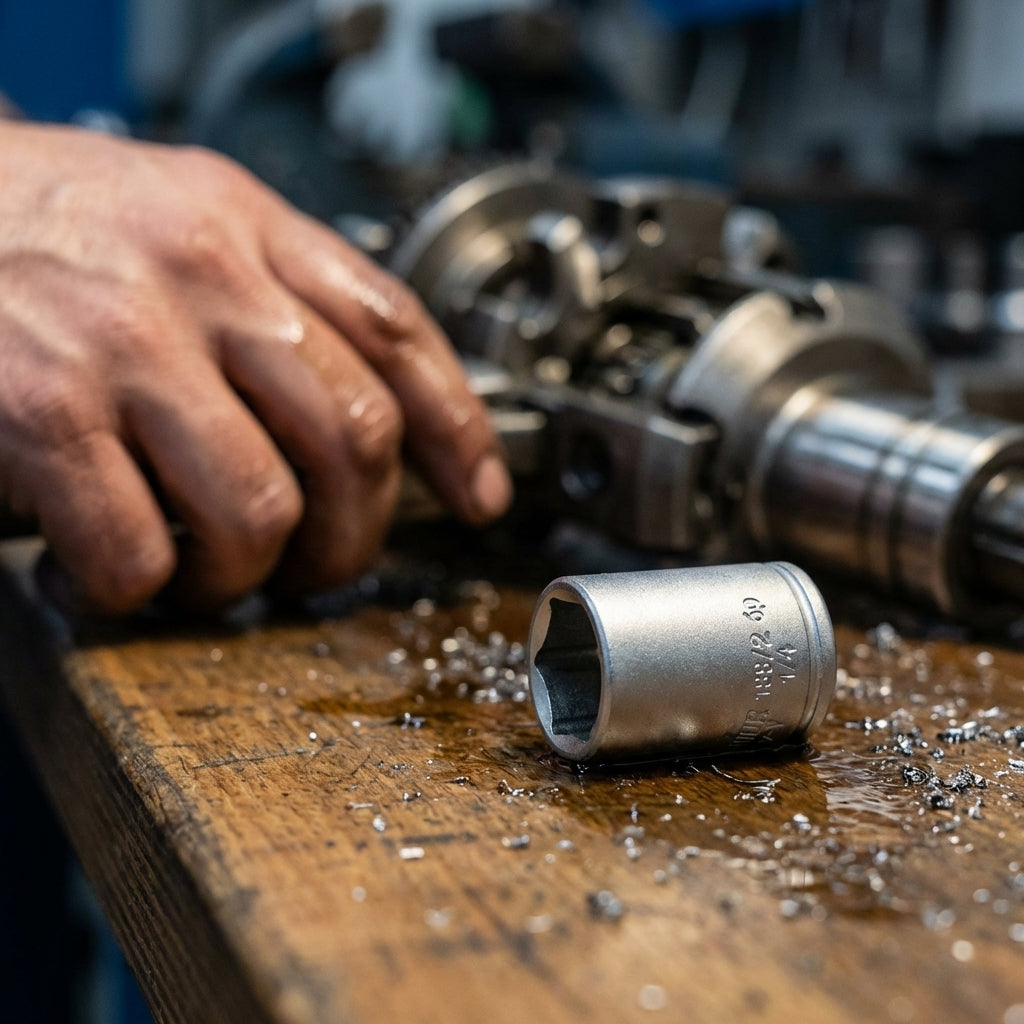 Unior Sechskantsteckschlüssel 1/4" 9mm 188/2 6p auf Holzwerkbank mit Metallspänen.