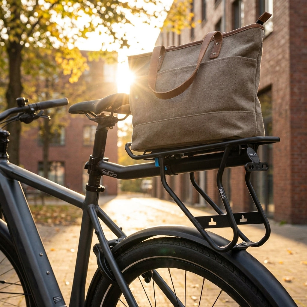 Schwarzer XLC Gepäckträger an Fahrrad-Sattelstütze mit beiger Tasche im warmen Herbstlicht.
