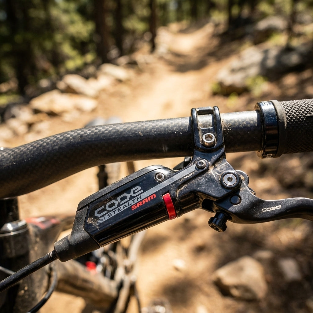 Schwarzer SRAM Code Stealth Ultimate Bremshebel am Mountainbike-Lenker auf einem Waldtrail.