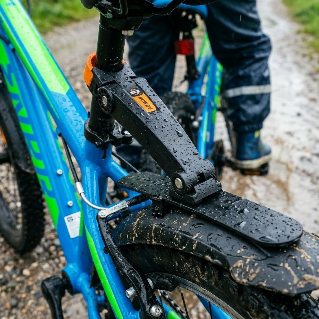 SKS Rowdy Ersatzteil-Set Brücke am Schutzblech eines blauen Kinderfahrrads im Regen, mit Wassertropfen.