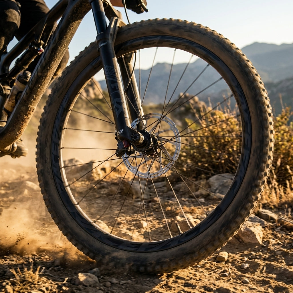Race Face Next R31 29" Laufrad mit schwarzem Decal Set und individuellem Design auf staubigem Trail.