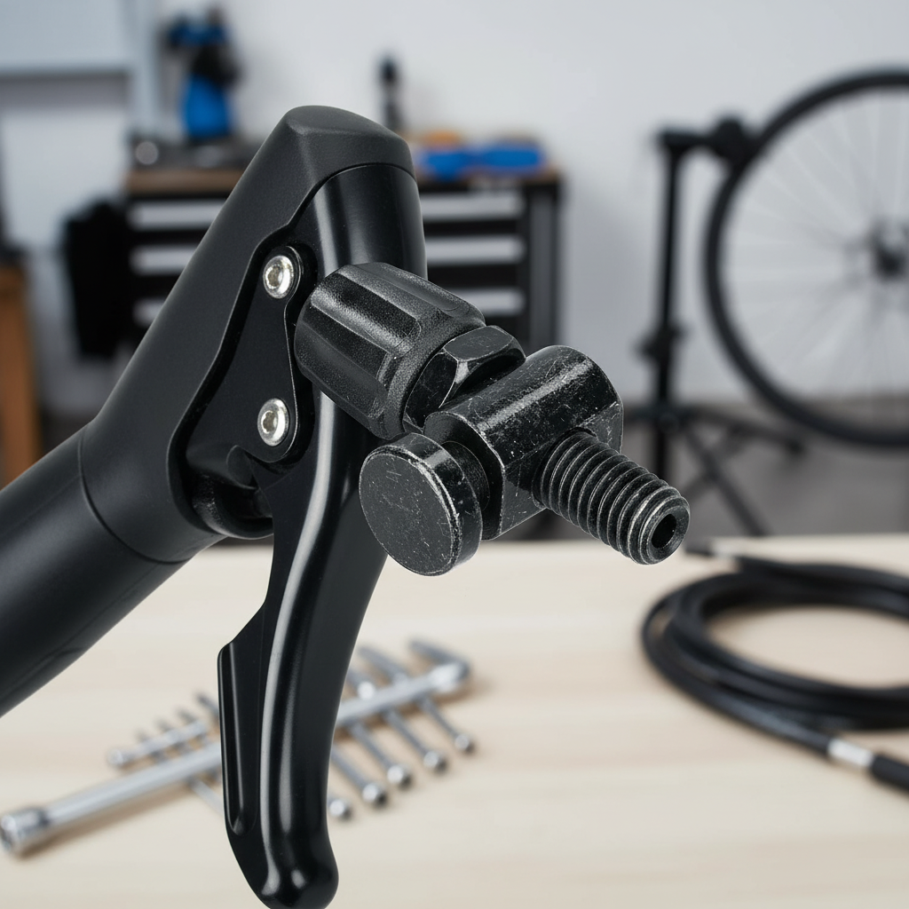 Shimano Einstellschraube für Fahrrad Bremszug am Bremshebel, Detailansicht der schwarzen Schraube in Werkstatt.
