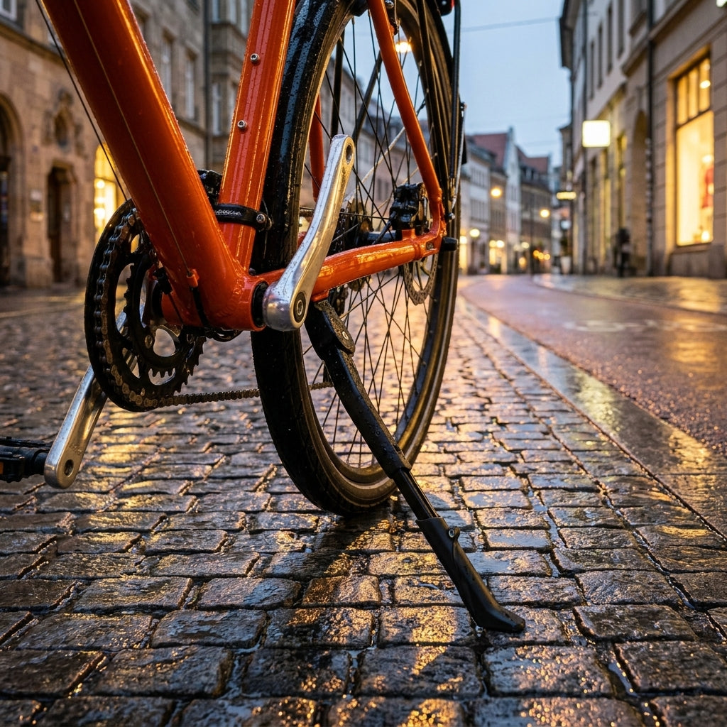 Fahrrad mit montiertem Seitenständer auf nassem Kopfsteinpflaster, Hebie Adapterplatte.
