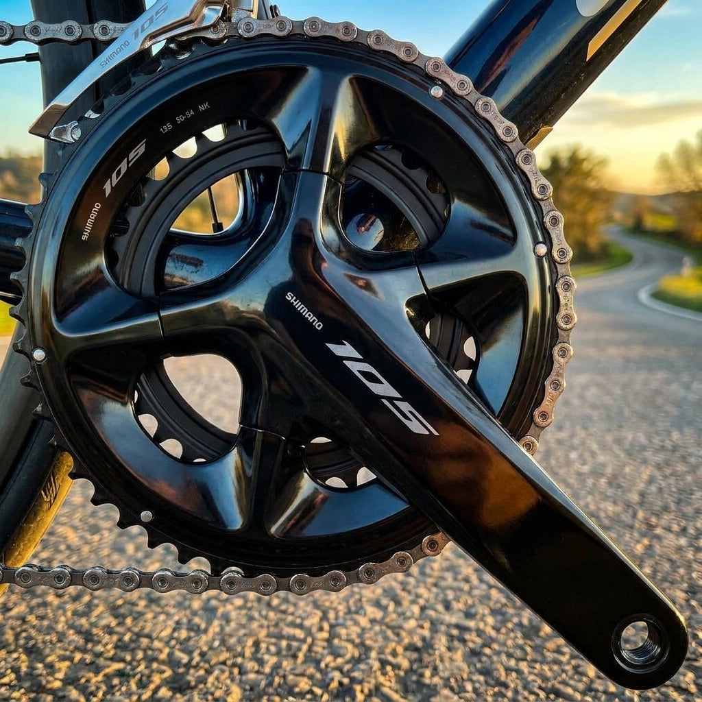 SHIMANO 105 FC-R7100 Kurbelgarnitur 52-36. Glänzende schwarze Fahrradkurbelgarnitur am Rennrad auf der Straße.