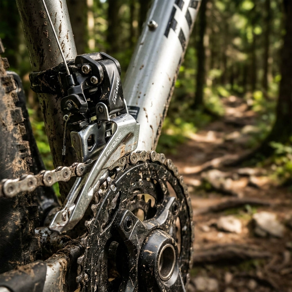 SHIMANO Deore FD-M6000 Umwerfer an schlammigem MTB im Wald, präzise Schaltperformance am Berg.