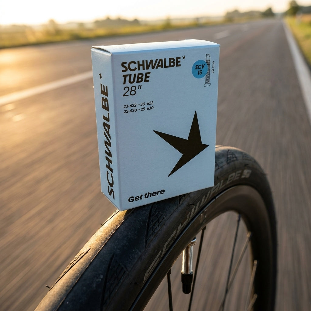 Schwalbe SCHLAUCH SCV15 28 Zoll Rennradschlauch 40mm Box auf Reifen, sonnige Straße.