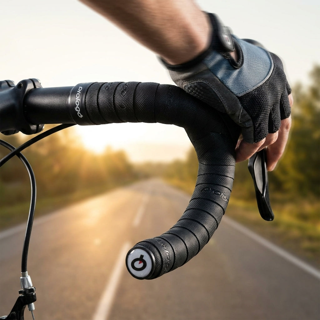 Prologo DOUBLETOUCH schwarzes Lenkerband mit Stopfen am Fahrradlenker, von Radfahrerhand gehalten.