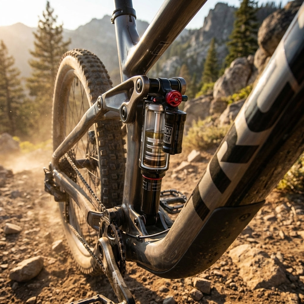 Rockshox Deluxe Ultimate B2 Mountainbike-Dämpfer mit Rebound-Einstellung auf staubigem Trail.
