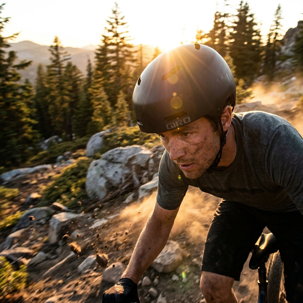 Mann fährt Mountainbike mit matt schwarzem Giro QUARTER FS Helm auf staubigem Trail bei Sonnenuntergang.