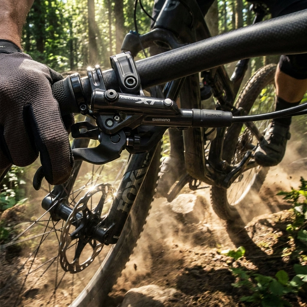 Shimano Deore XT M8100 Vorderrad Scheibenbremse am Mountainbike auf staubigem Waldtrail in Aktion.