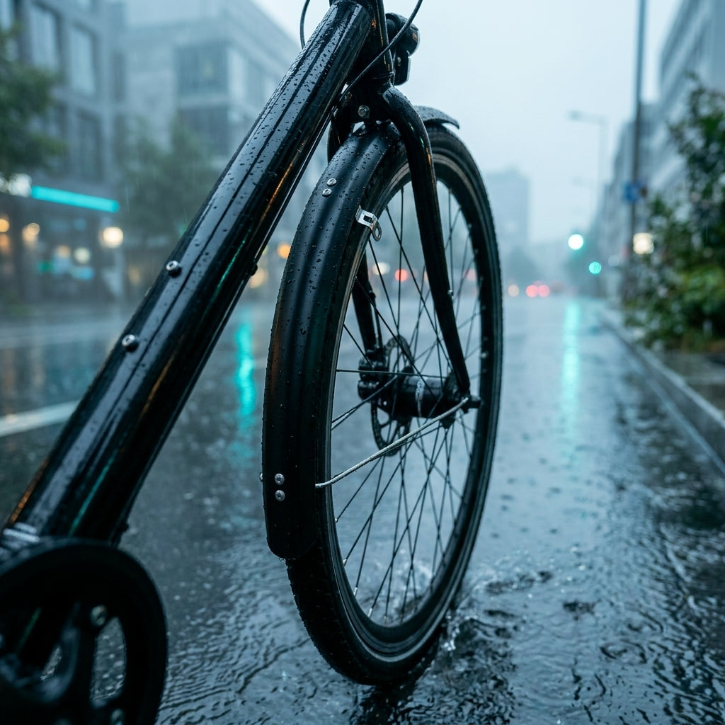 SKS BLUEMELS Basic 28 Vorderrad-Schutzblech am schwarzen Fahrrad im Regen auf nasser Straße.