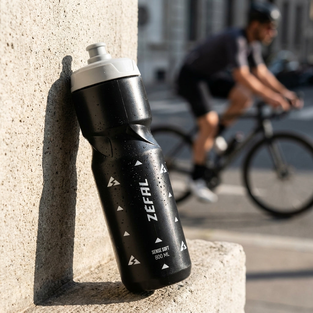 Zefal Sense Soft 800ml schwarze Fahrrad-Trinkflasche mit Wassertropfen, ein Radfahrer im Hintergrund.